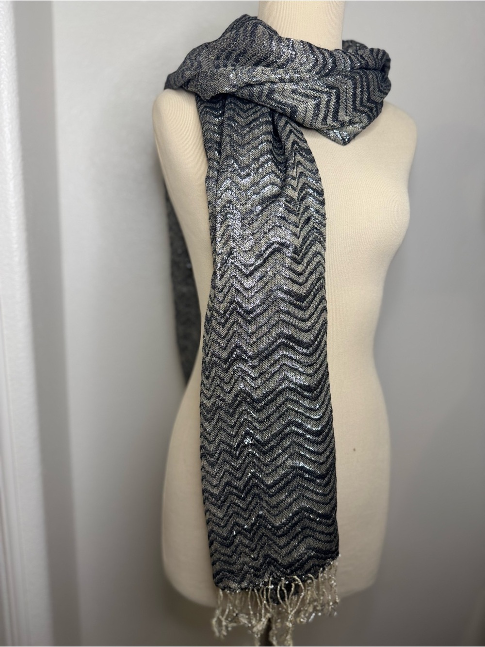Sparkle Chevron Metallic Grey Scarf